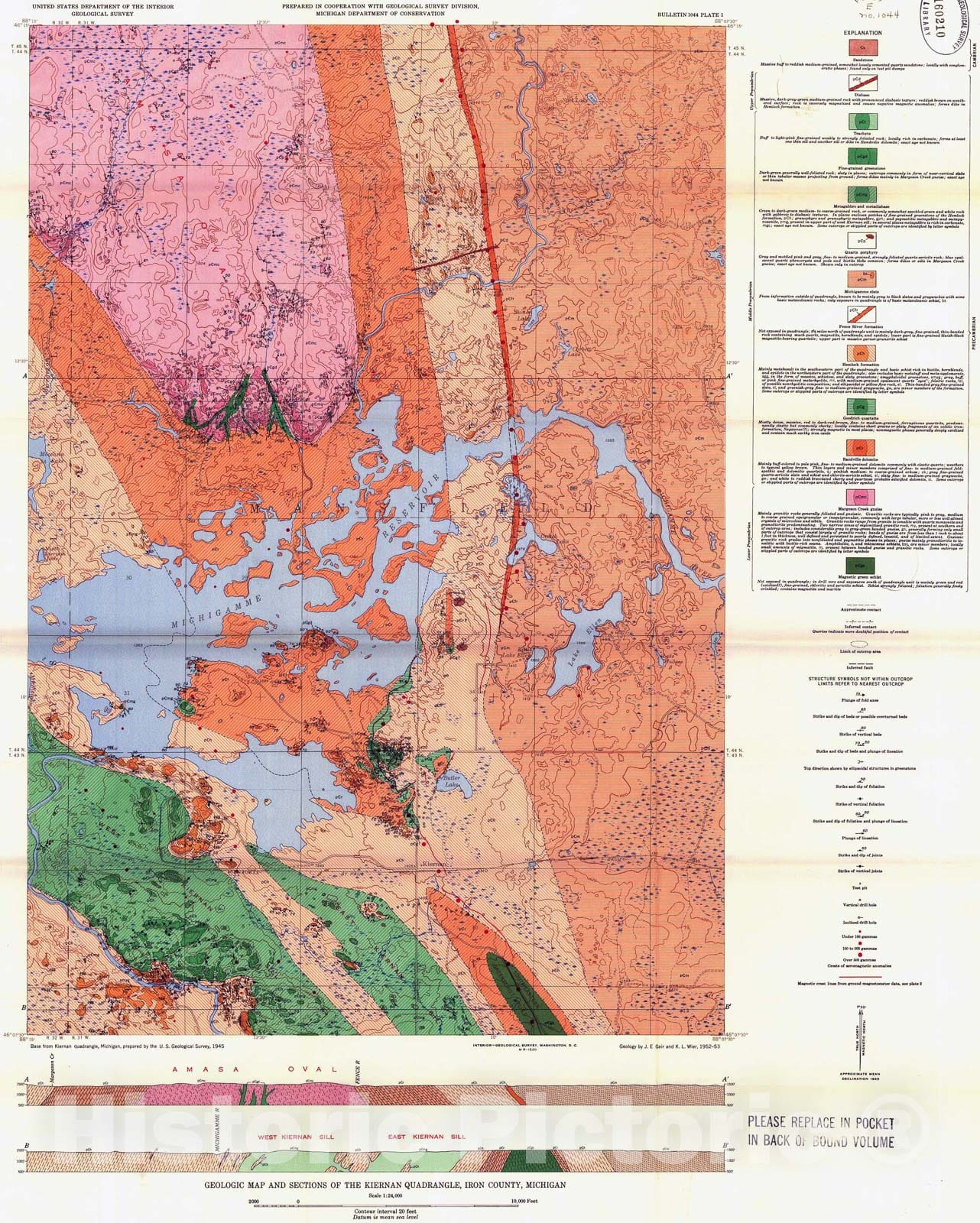 Map : Geology of the Kiernan quadrangle, Iron County, Michigan, 1956 Cartography Wall Art :
