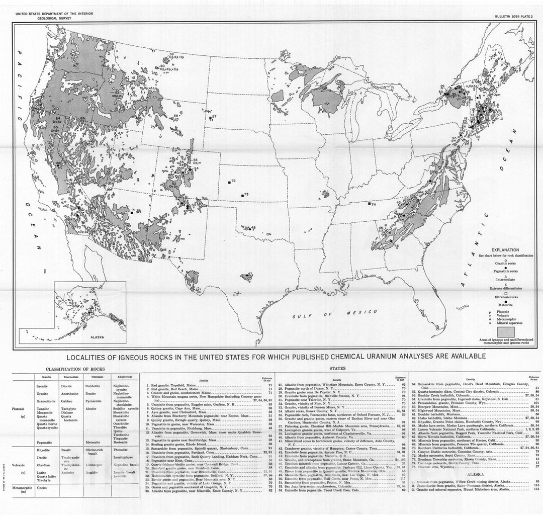 Map : Selected annotated bibliography of the uranium geology of igneous and metamorphic rocks in the United States, 1958 Cartography Wall Art :