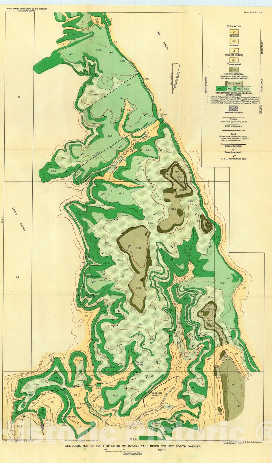Map : Stratigraphic and structural controls of uranium deposits on Long Mountain, South Dakota, 1957 Cartography Wall Art :