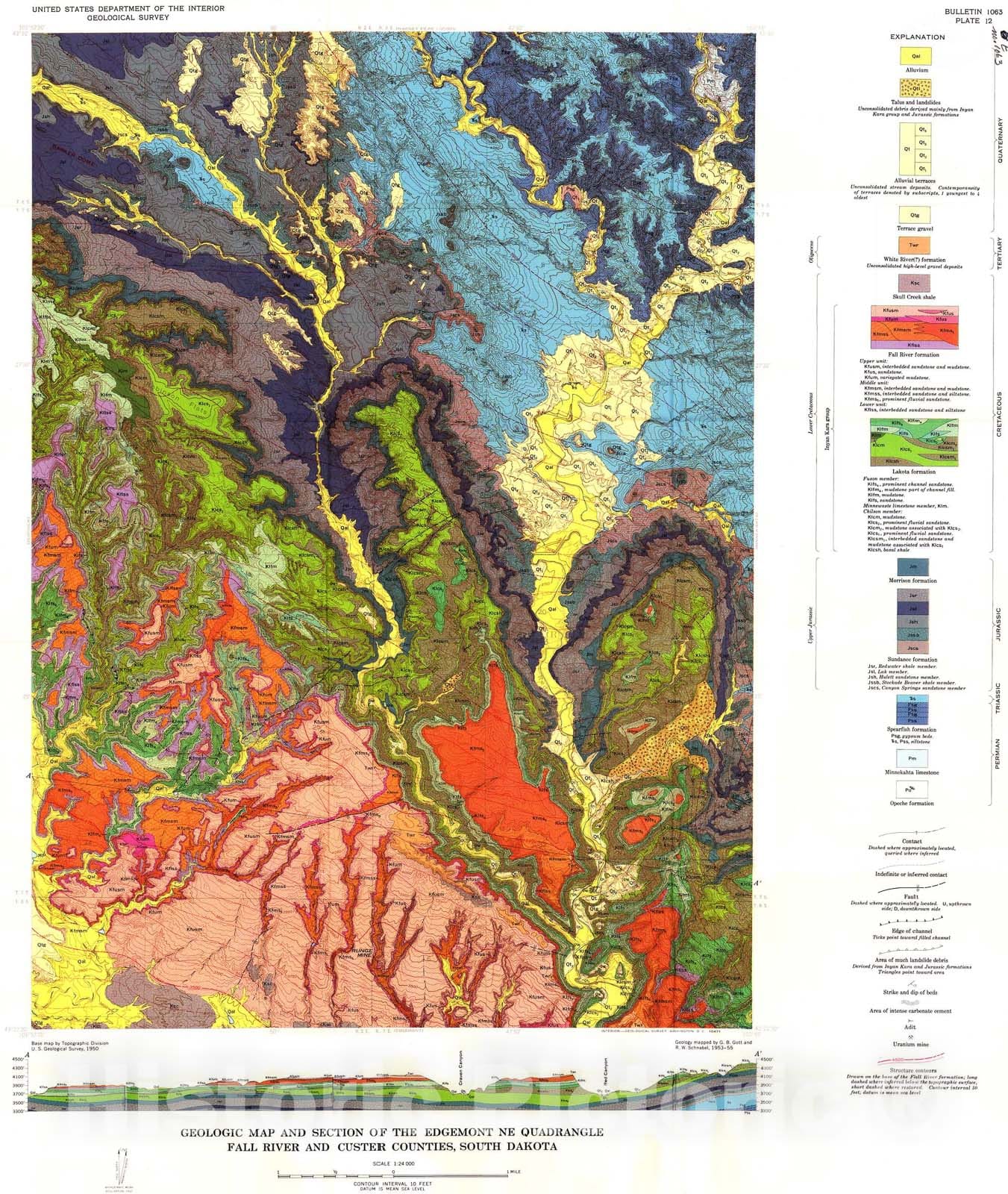 Map : Geology of the Edgemont NE quadrangle, Fall River and Custer Counties, South Dakota, 1963 Cartography Wall Art :