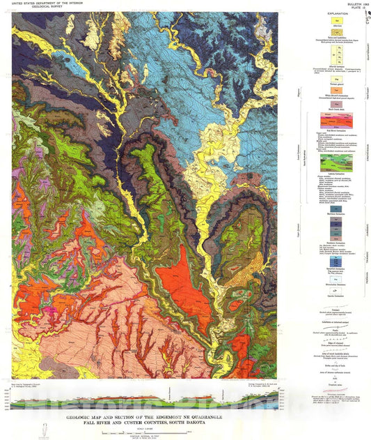 Map : Geology of the Edgemont NE quadrangle, Fall River and Custer Counties, South Dakota, 1963 Cartography Wall Art :