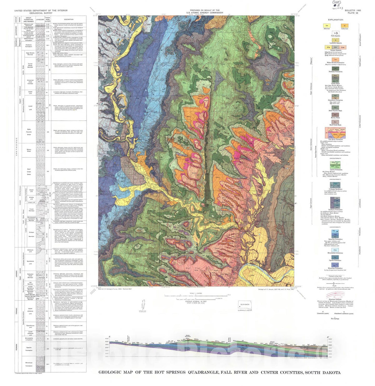 Map : Geology of the Hot Springs quadrangle, Fall River and Custer Counties, South Dakota, 1967 Cartography Wall Art :