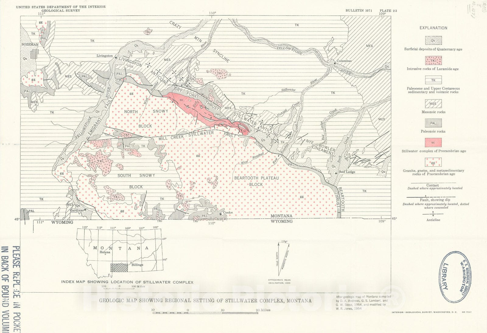 Map : Igneous and tectonic structures of the Stillwater complex, Montana, 1960 Cartography Wall Art :