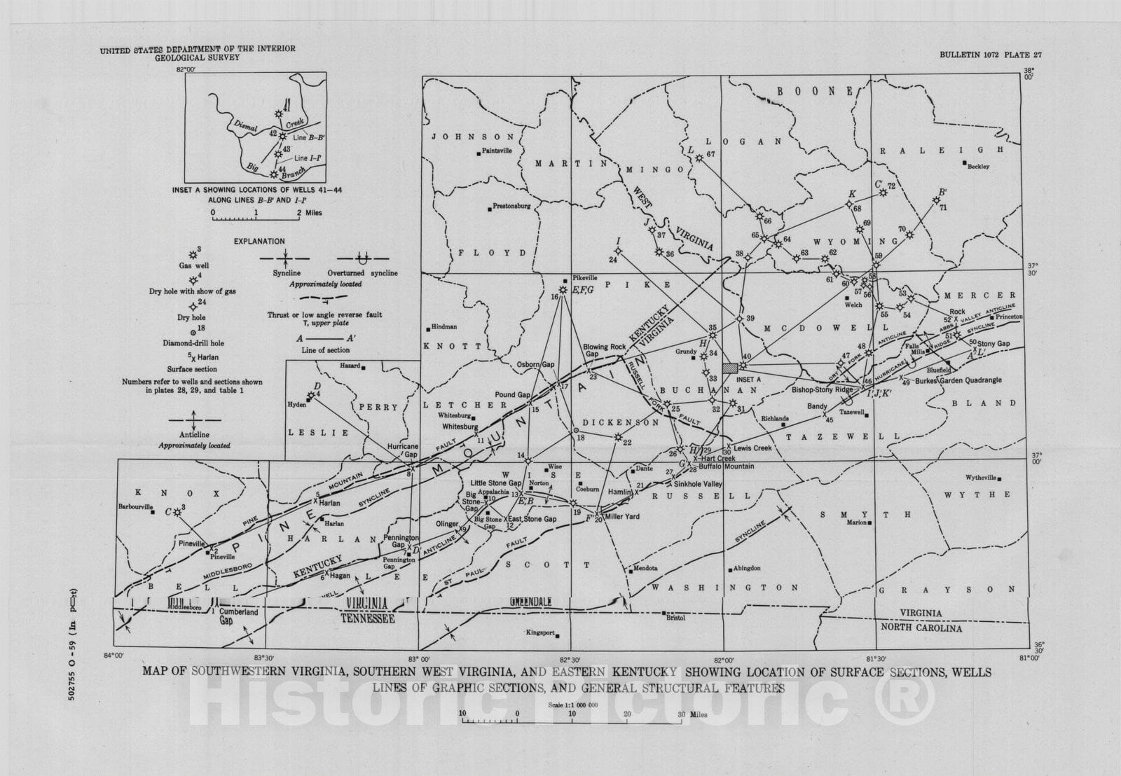 Map : Geology and oil and gas possibilities of Upper Mississippian rocks of southwestern Virginia, southern West Virginia, and eastern Kentucky, 1959 Cartography Wall Art :