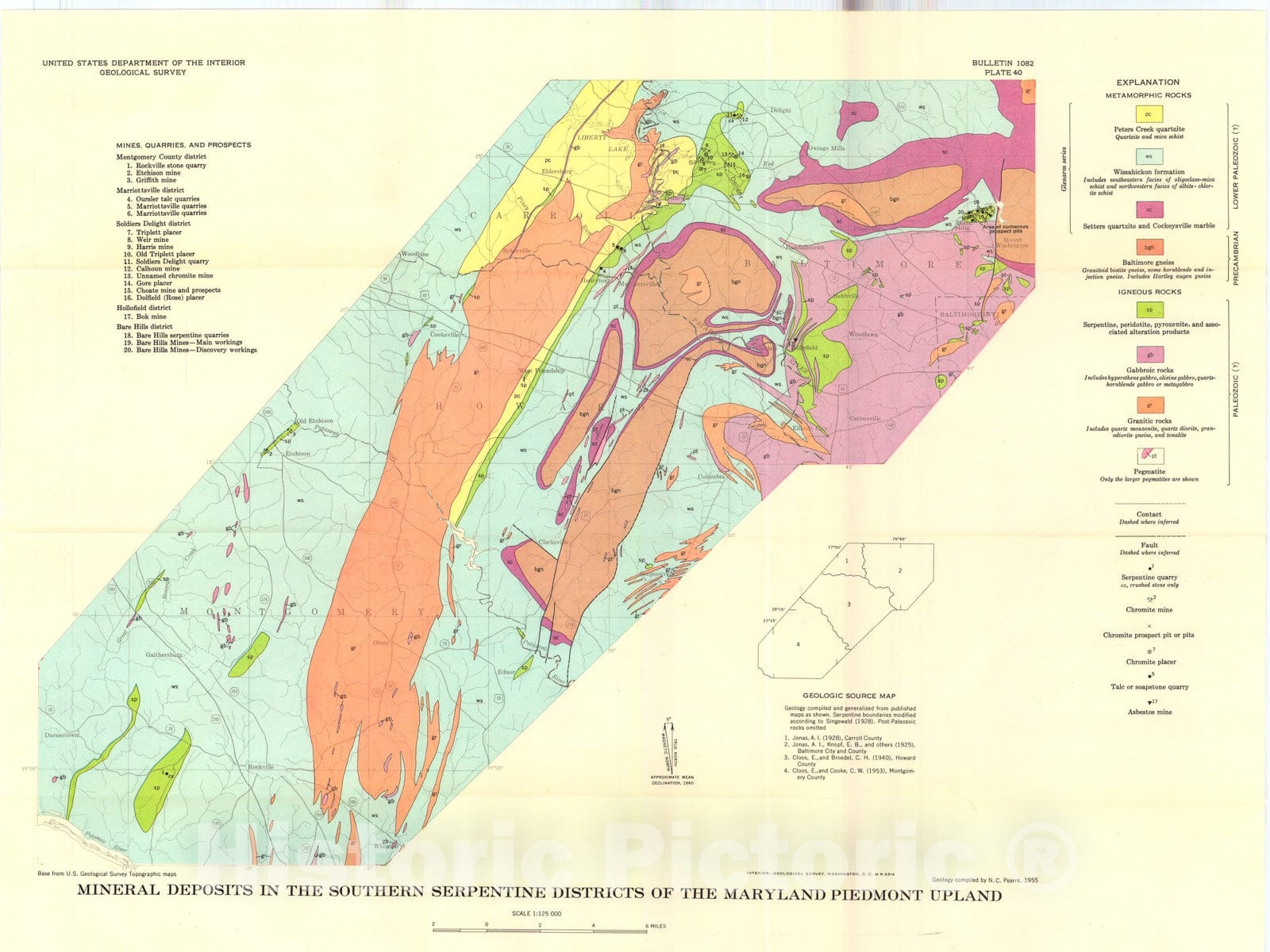 Map : Chromite and other mineral deposits in serpentine rocks of the Piedmont Upland, Maryland, Pennsylvania, and Delaware, 1960 Cartography Wall Art :