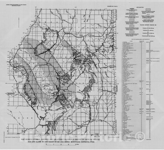 Map : Uranium resources of the Green River and Henry Mountains districts, Utah - a regional synthesis, 1959 Cartography Wall Art :