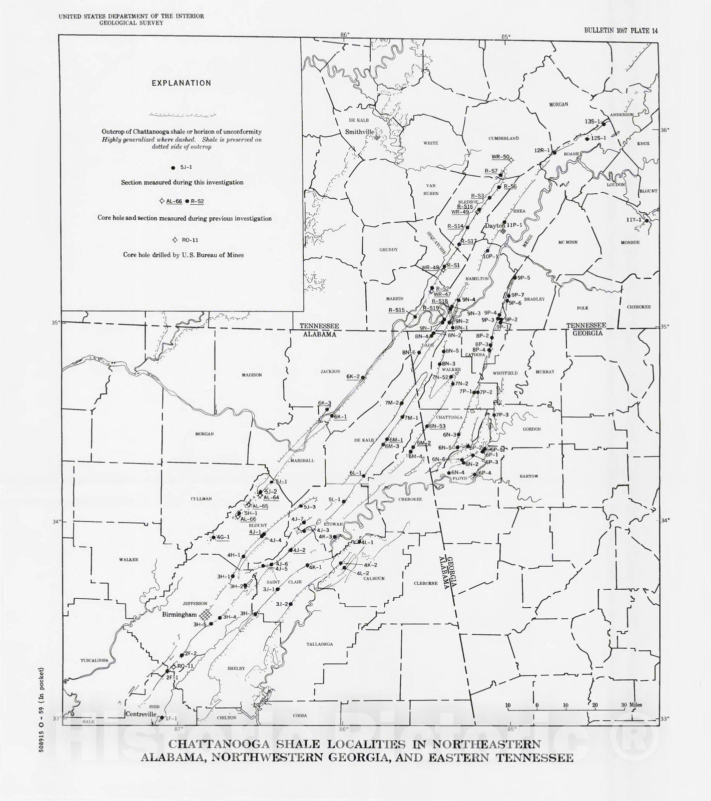 Map : Stratigraphy and uranium content of the Chattanooga Shale in northeastern Alabama, northwestern Georgia, and eastern Tennessee, 1959 Cartography Wall Art :