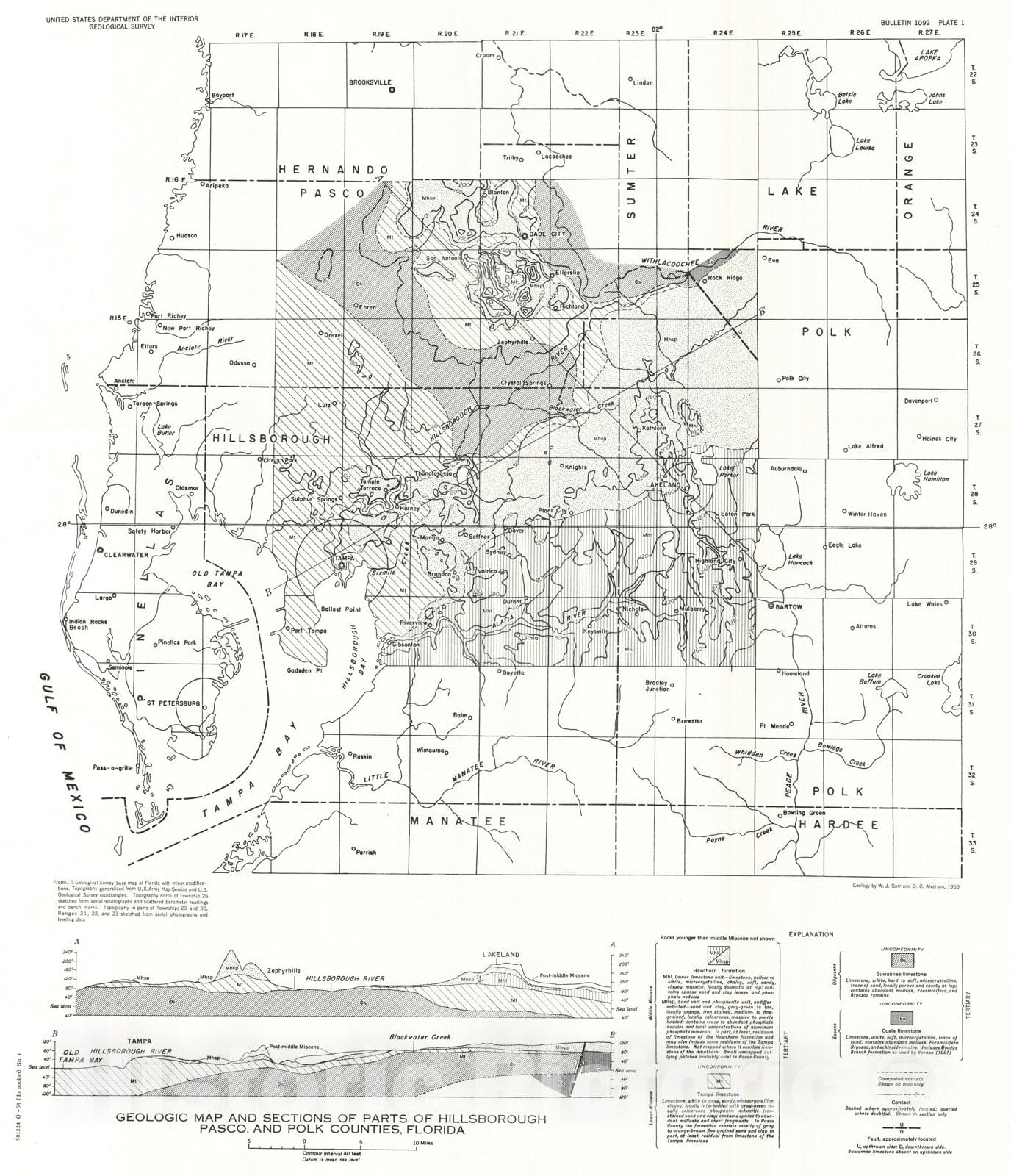 Map : Stratigraphy of middle Tertiary rocks in part of west-central Florida, 1959 Cartography Wall Art :