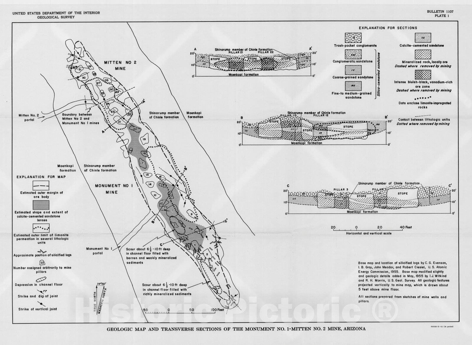 Map : The uranium-vanadium ore deposit at the Monument No. one - Mitten No. two mine, Monument Valley, Navajo County, Arizona, one959 Cartography Wall Art :