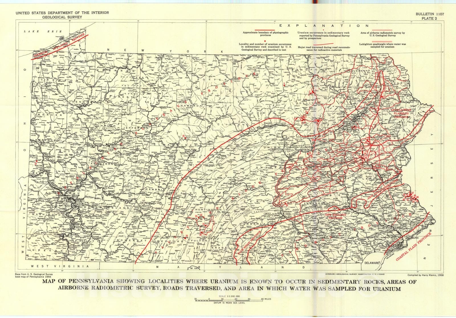Map : Uranium occurrences in sedimentary rocks of Pennsylvania, 1962 Cartography Wall Art :