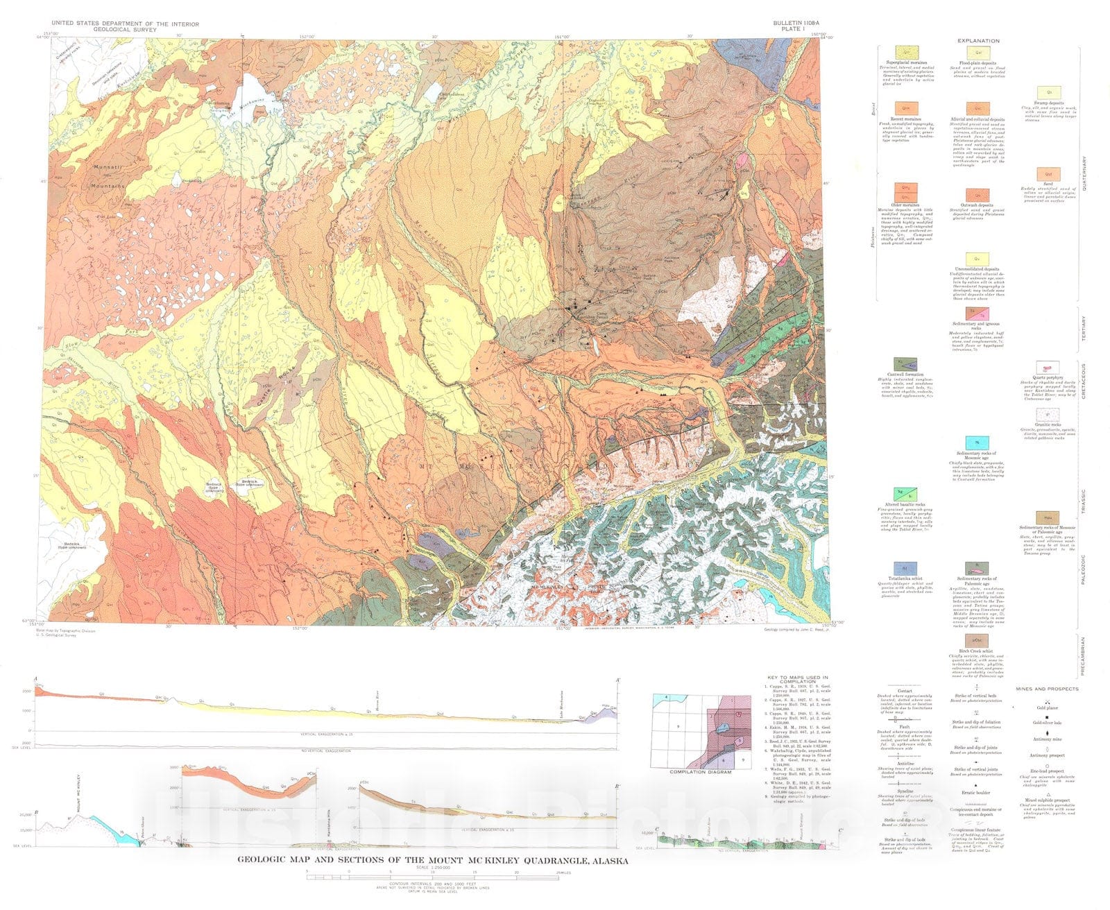 Map : Geology of the Mount McKinley quadrangle, Alaska, 1961 Cartography Wall Art :