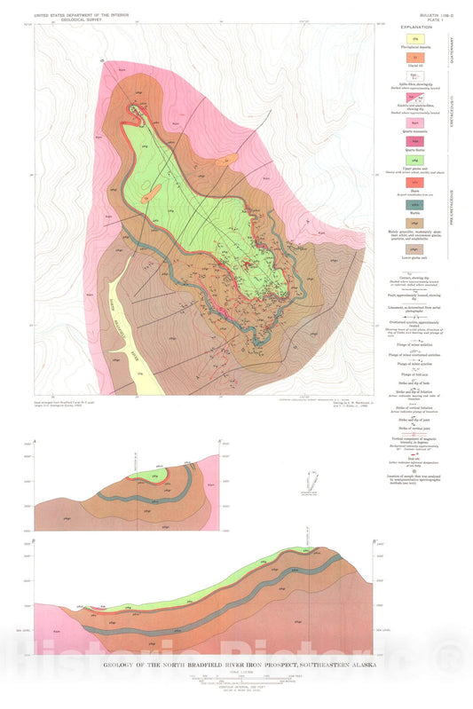 Map : Geology of the North Bradfield River iron prospect, southeastern Alaska, 1963 Cartography Wall Art :