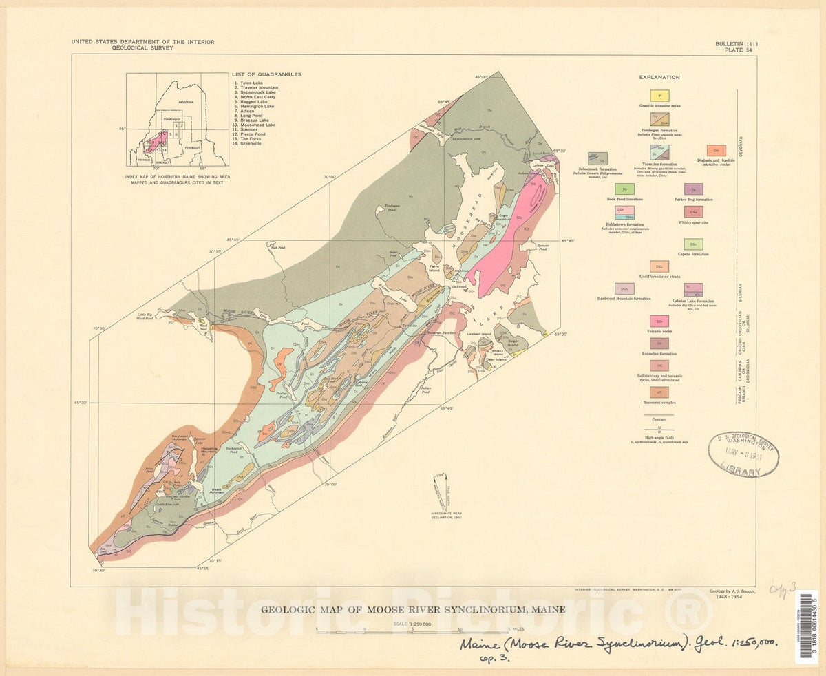 Map : Stratigraphy of the Moose River synclinorium, Maine, 1961 Cartography Wall Art :