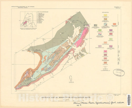 Map : Stratigraphy of the Moose River synclinorium, Maine, 1961 Cartography Wall Art :