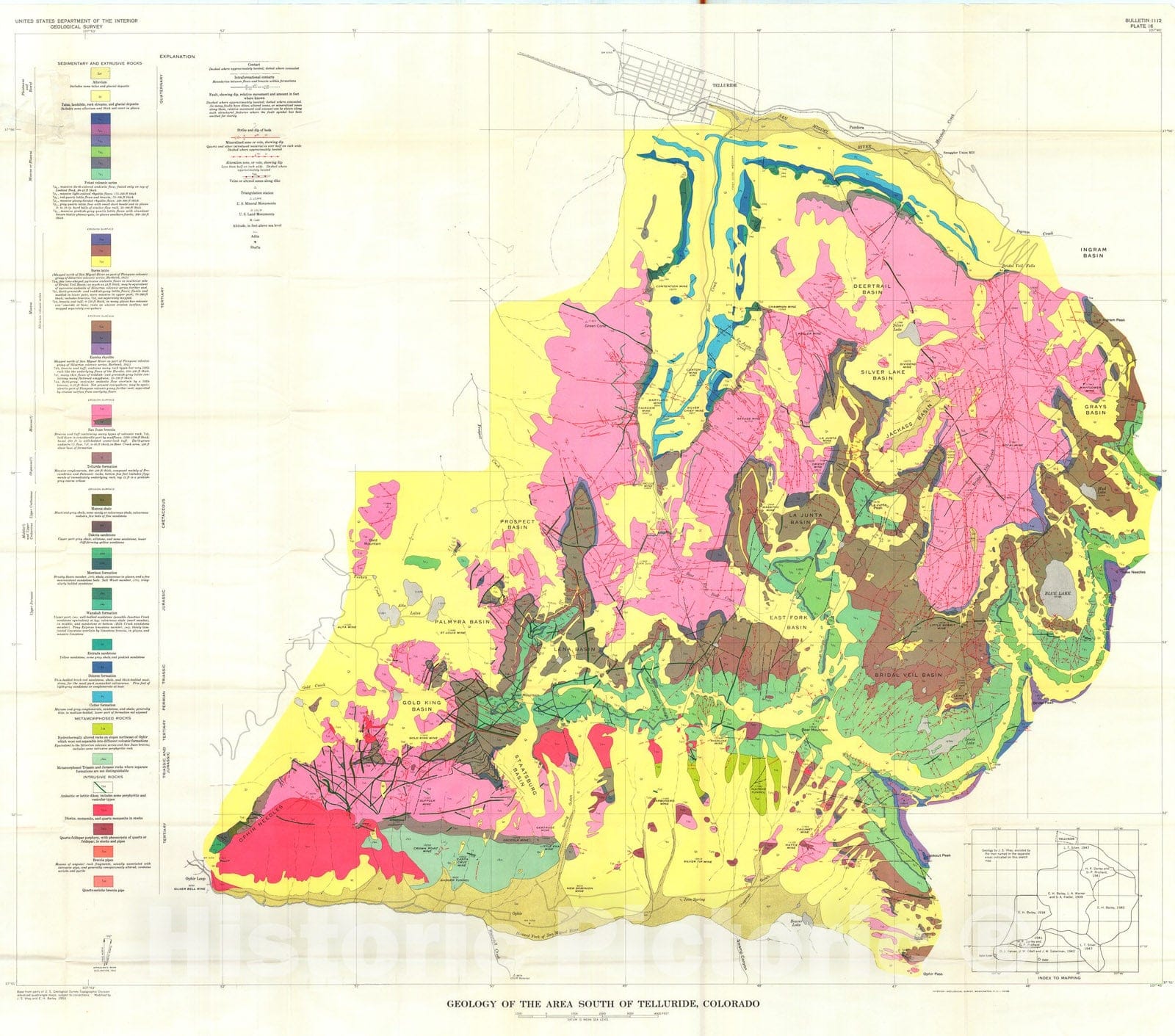 Map : Geology and mineral deposits of the area south of Telluride, Colorado, 1962 Cartography Wall Art :