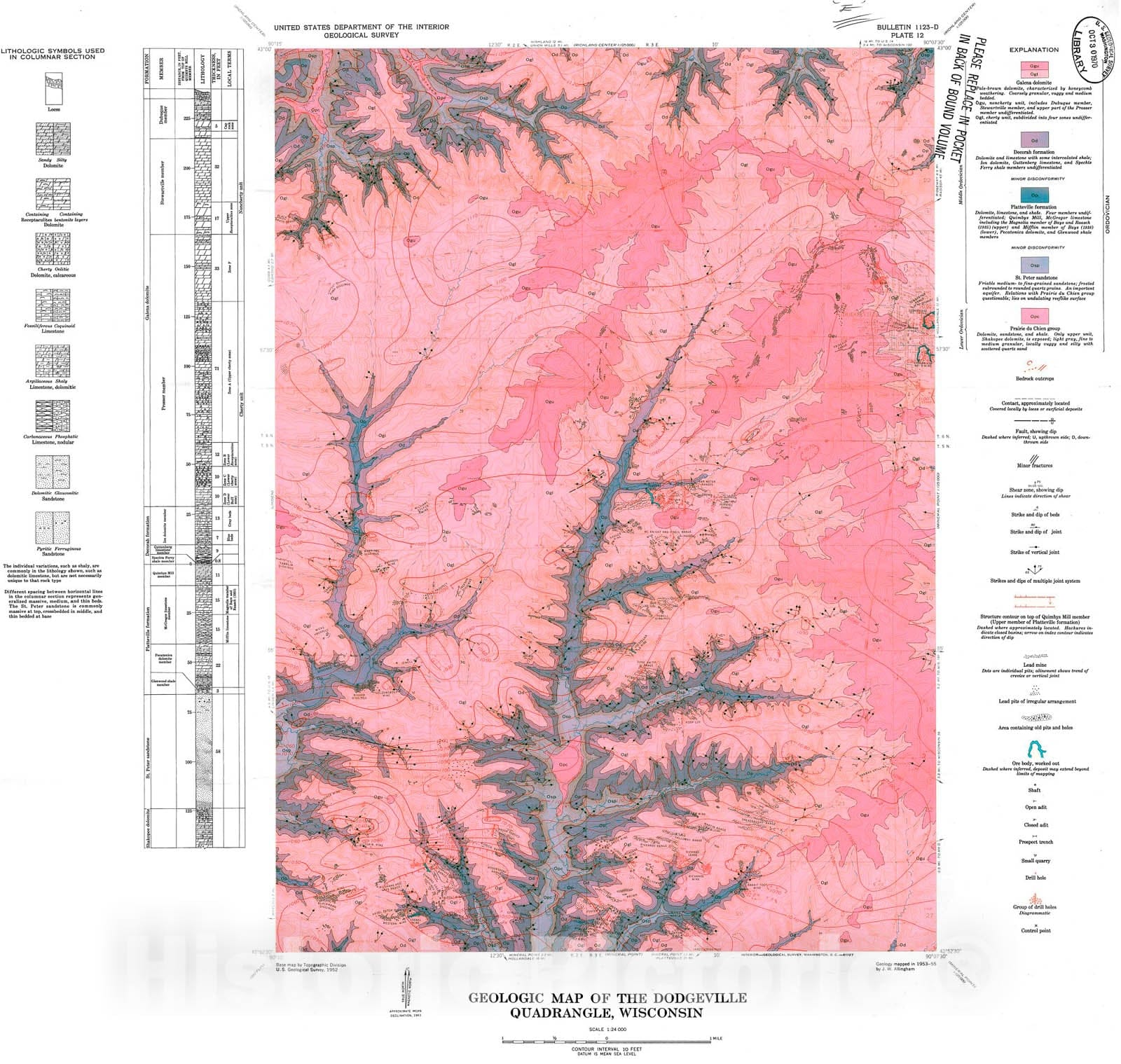 Map : Geology of the Dodgeville and Mineral Point quadrangles, Wisconsin, 1963 Cartography Wall Art :