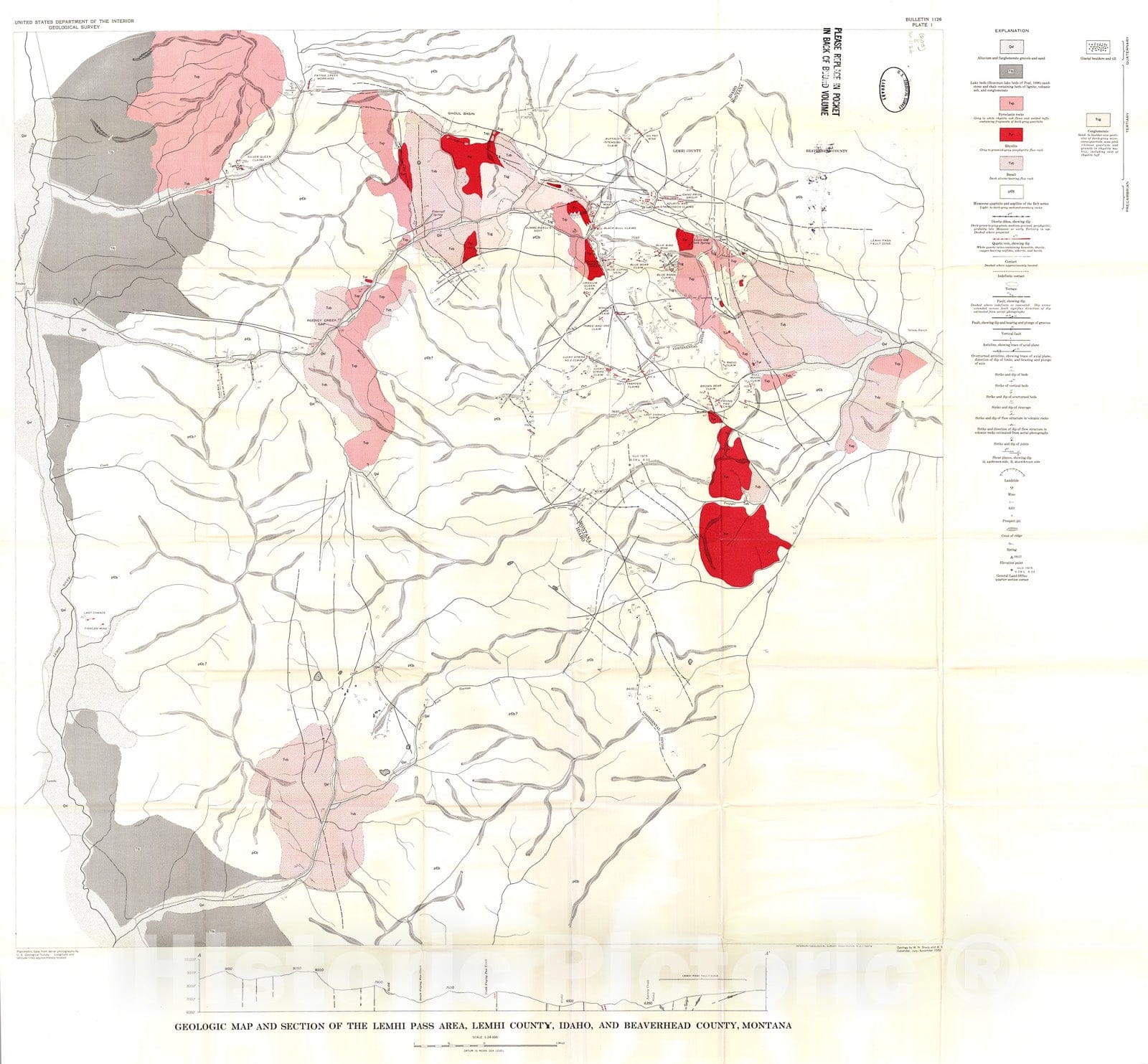 Map : Geology and thorium-bearing deposits of the Lemhi Pass area, Lemhi County, Idaho, and Beaverhead County, Montana, 1962 Cartography Wall Art :