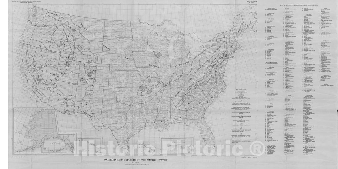 Map : Oxidized zinc deposits of the United States: part 1. general geology, 1962 Cartography Wall Art :