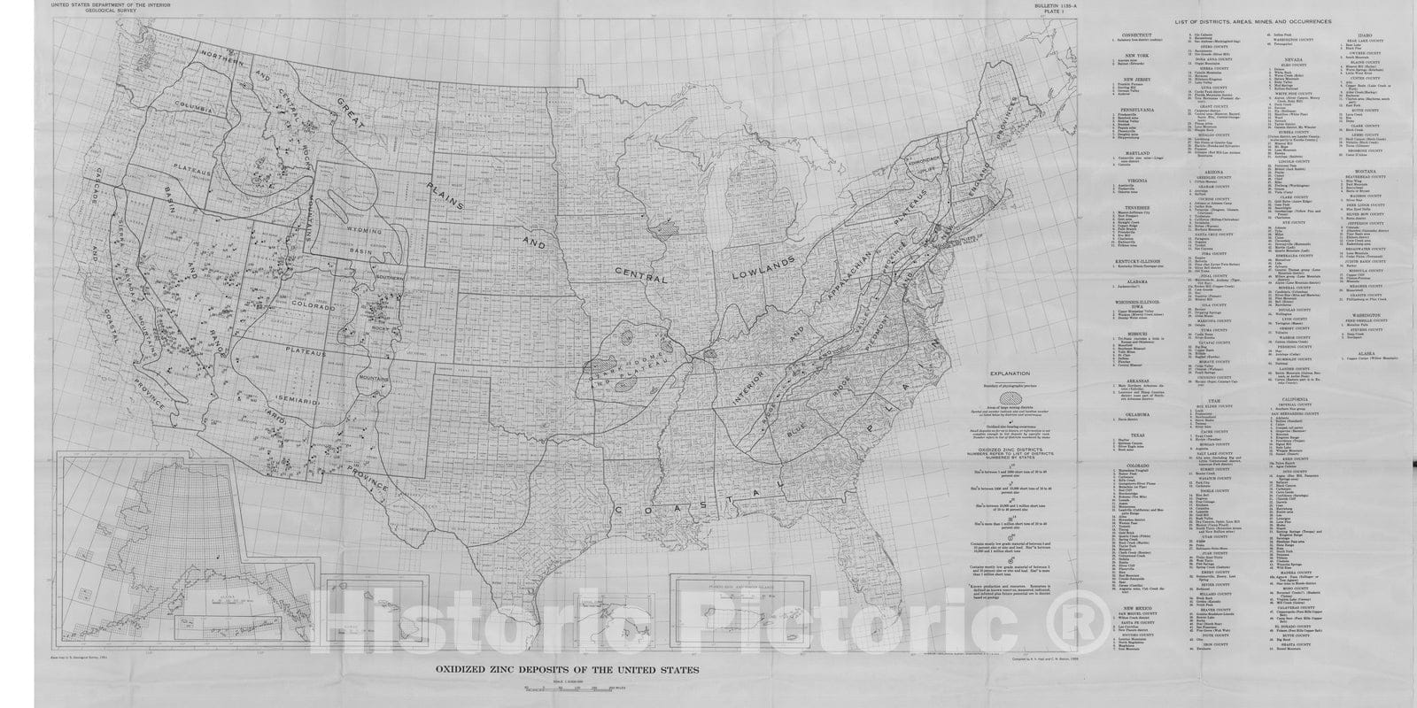 Map : Oxidized zinc deposits of the United States: part 1. general geology, 1962 Cartography Wall Art :