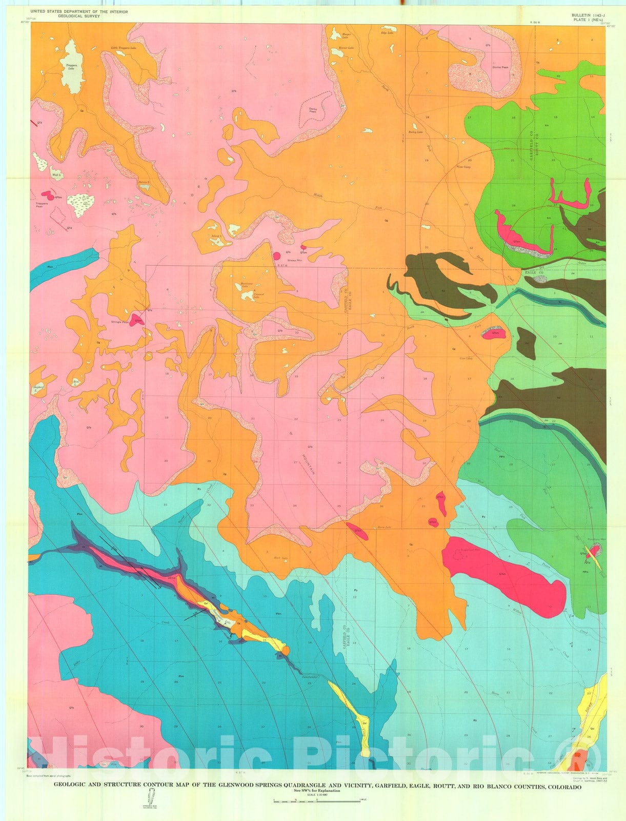 Map : Geology of Glenwood Springs quadrangle and vicinity, northwestern Colorado, 1963 Cartography Wall Art :