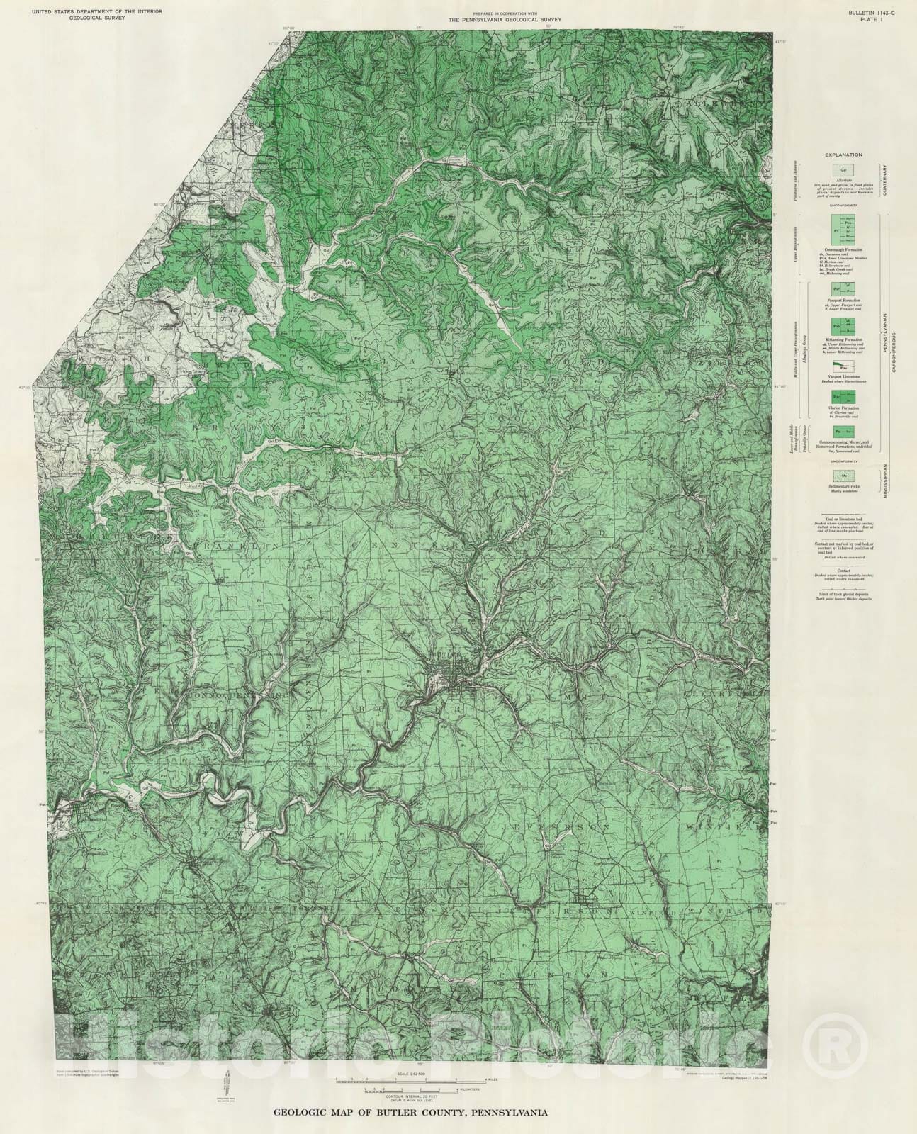 Map : Coal resources of Butler County, Pennsylvania, 1971 Cartography Wall Art :