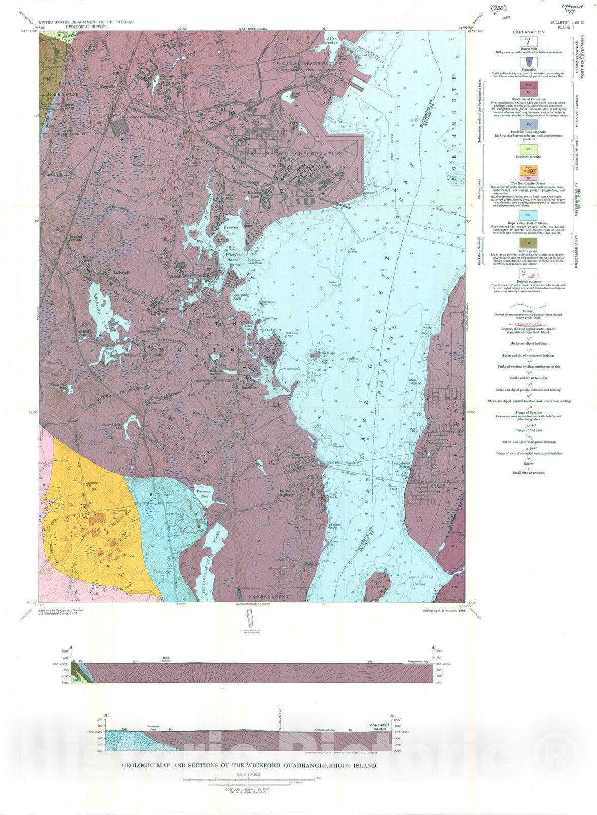 Map : Bedrock geology of the Wickford quadrangle, Rhode Island, 1964 Cartography Wall Art :