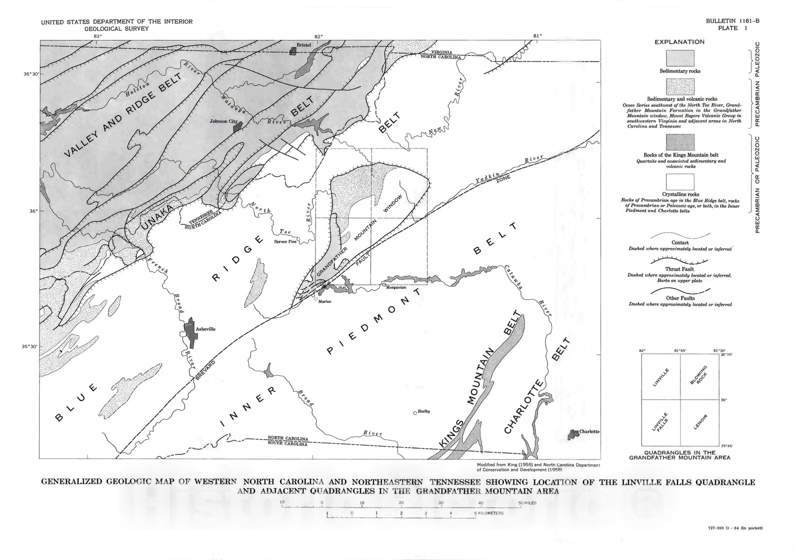 Map : Geology of Linville Falls quadrangle, North Carolina, 1964 Cartography Wall Art :