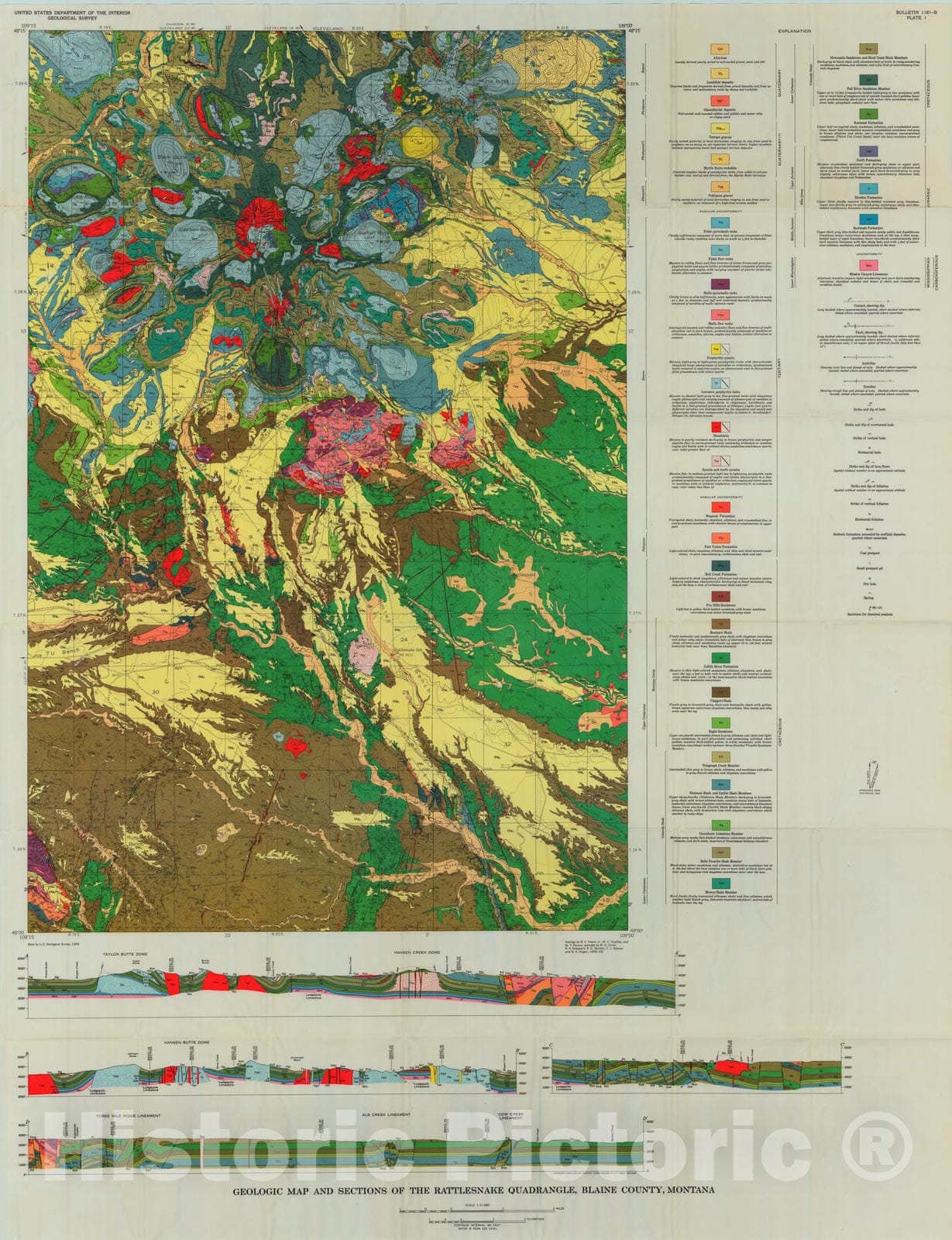 Map : Geology of the Rattlesnake quadrangle, Bearpaw Mountains, Blaine County, Montana, 1964 Cartography Wall Art :