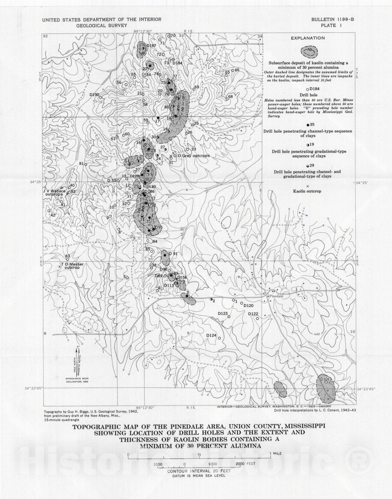 Map : Bauxite and kaolin deposits of Mississippi exclusive of the Tippah - Benton district, 1965 Cartography Wall Art :