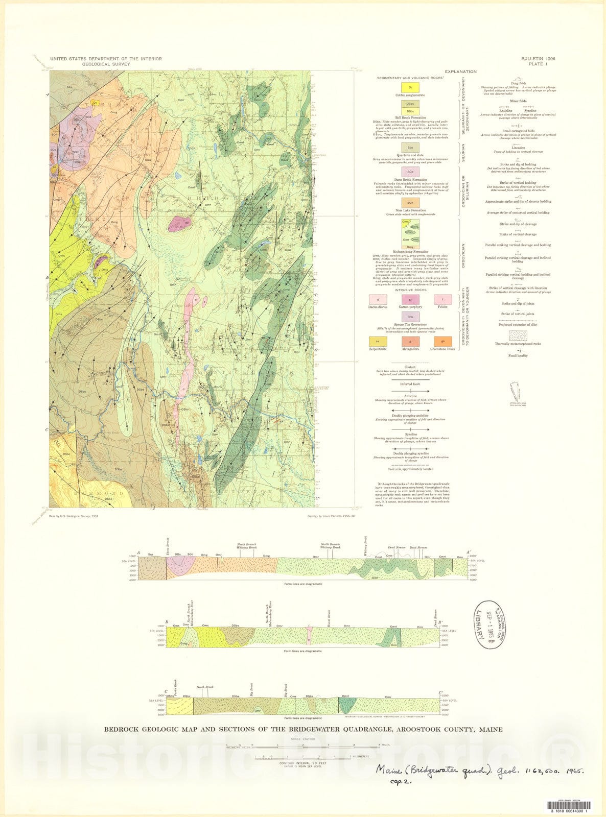 Map : Geology of the Bridgewater quadrangle, Aroostook County, Maine with a section on geophysical surveys, 1965 Cartography Wall Art :