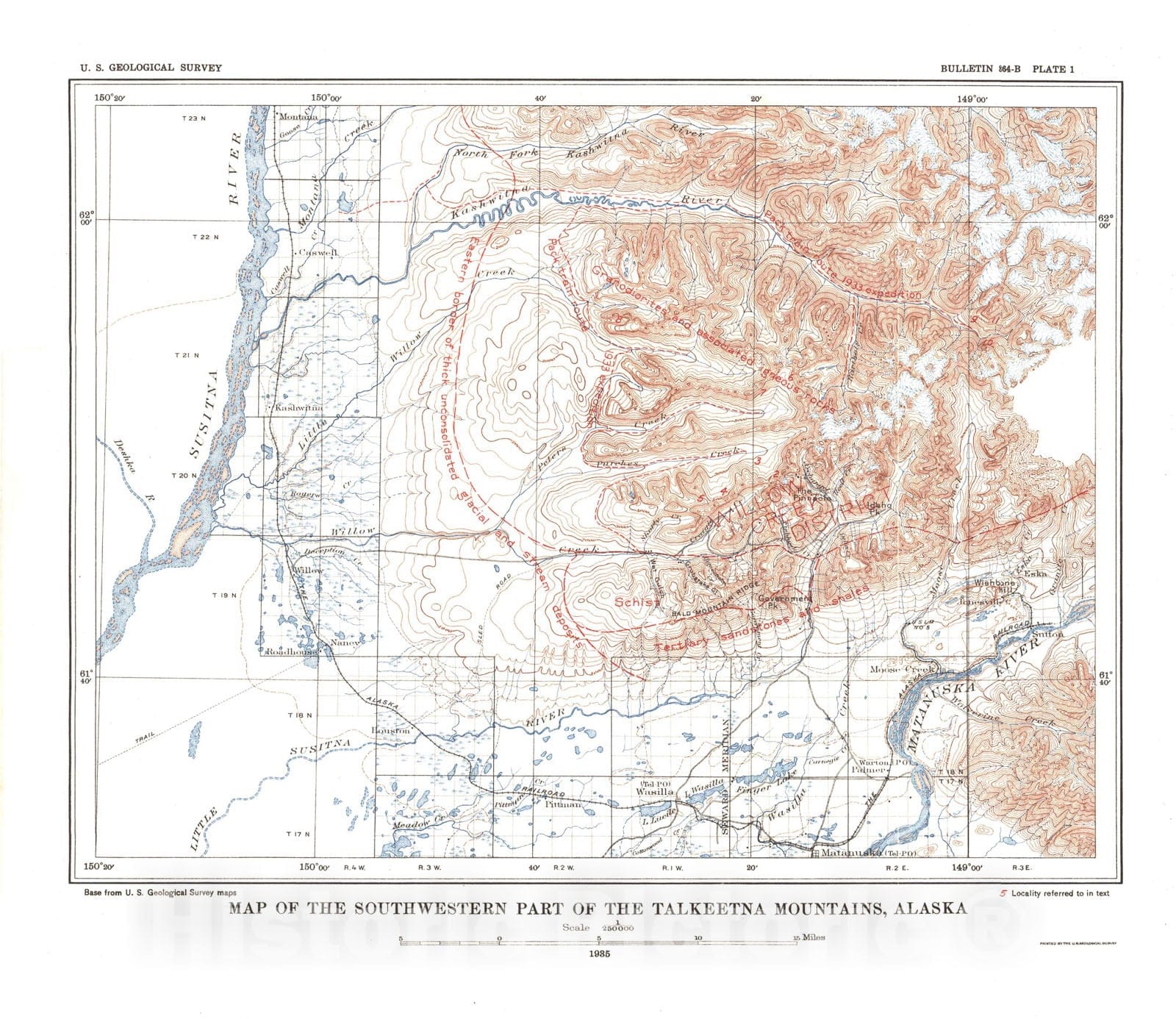 Map : The Willow Creek - Kashwitna district, Alaska, 1935 Cartography Wall Art :