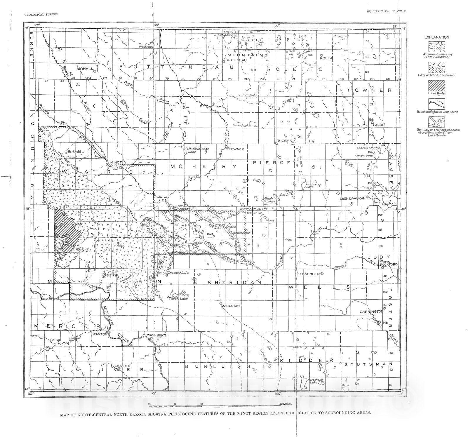 Map : Geology and coal resources of the Minot region, North Dakota, 1939 Cartography Wall Art :
