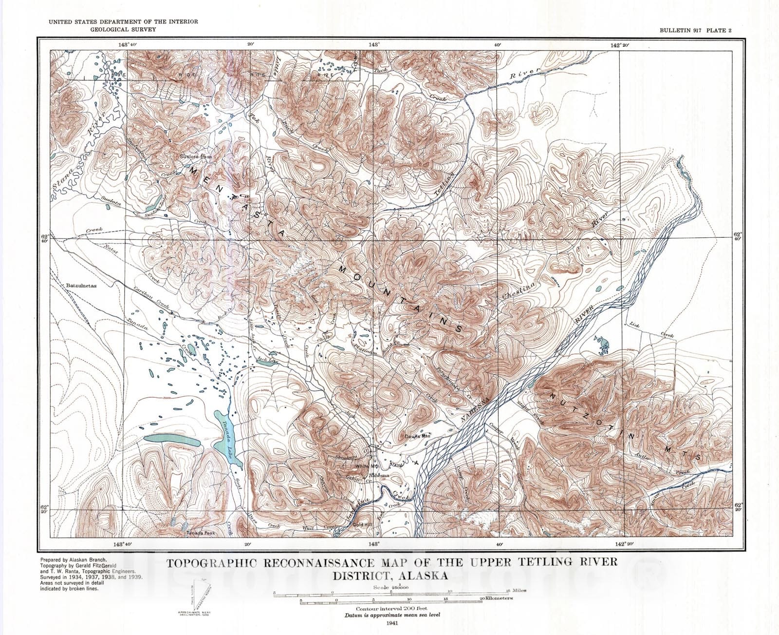 Map : Geology of the upper Tetling River district, Alaska, 1941 Cartography Wall Art :