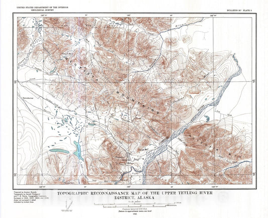 Map : Geology of the upper Tetling River district, Alaska, 1941 Cartography Wall Art :