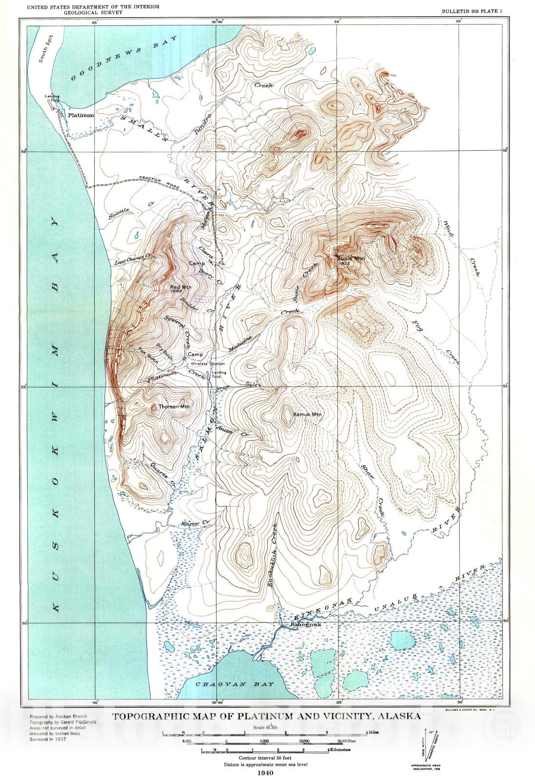 Map : The Goodnews platinum deposits, Alaska, 1940 Cartography Wall Art :