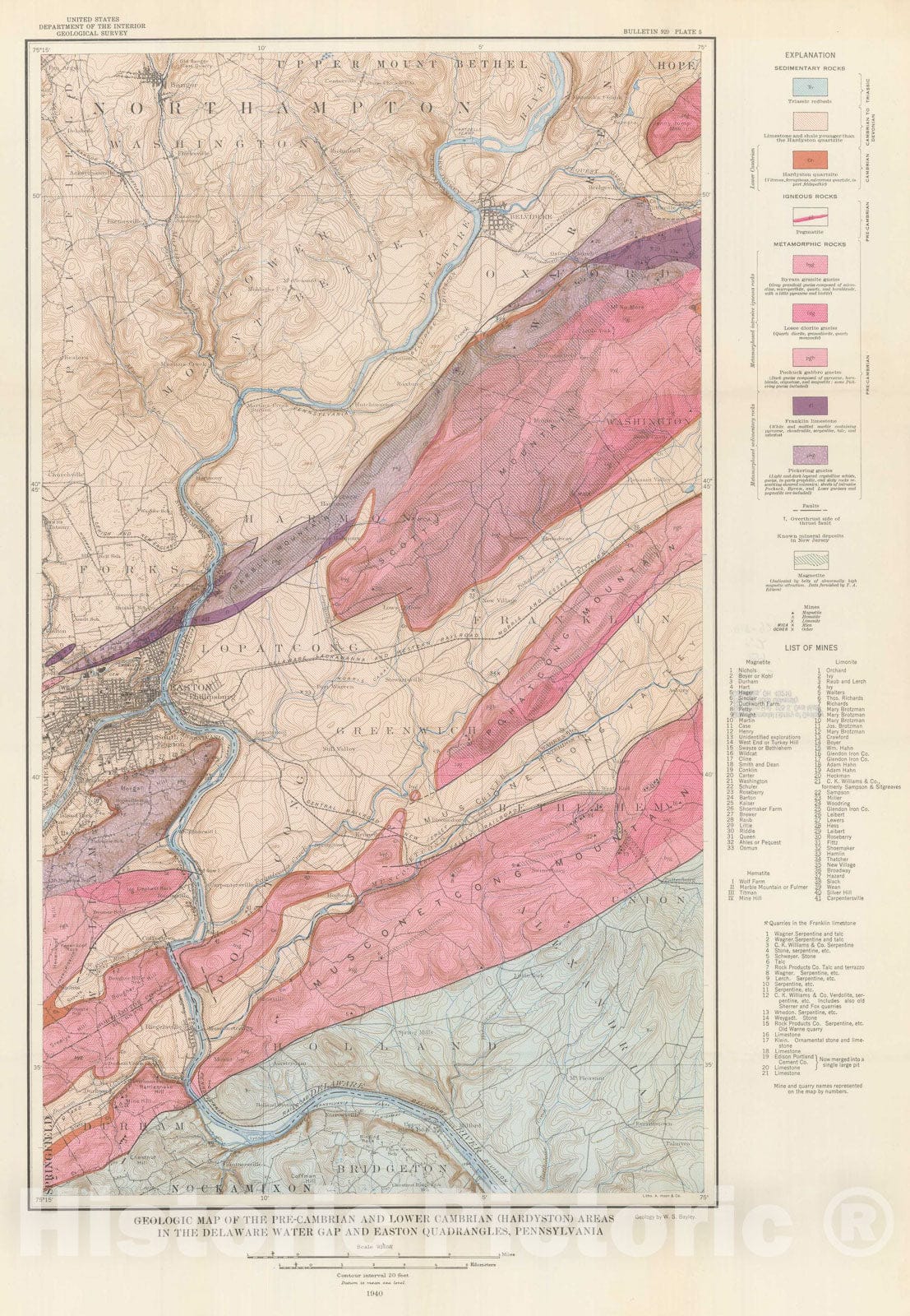 Map : Pre-Cambrian geology and mineral resources of the Delaware Water Gap and Easton quadrangles, New Jersey and Pennsylvania, 1941 Cartography Wall Art :