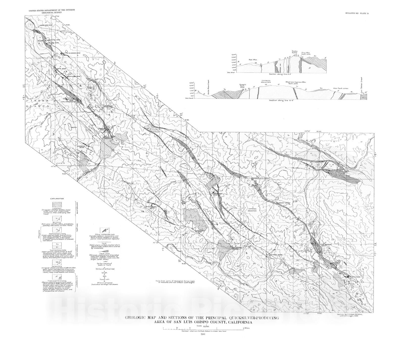 Map : Quicksilver deposits in San Luis Obispo County and southwestern Monterey County, California, 1941 Cartography Wall Art :