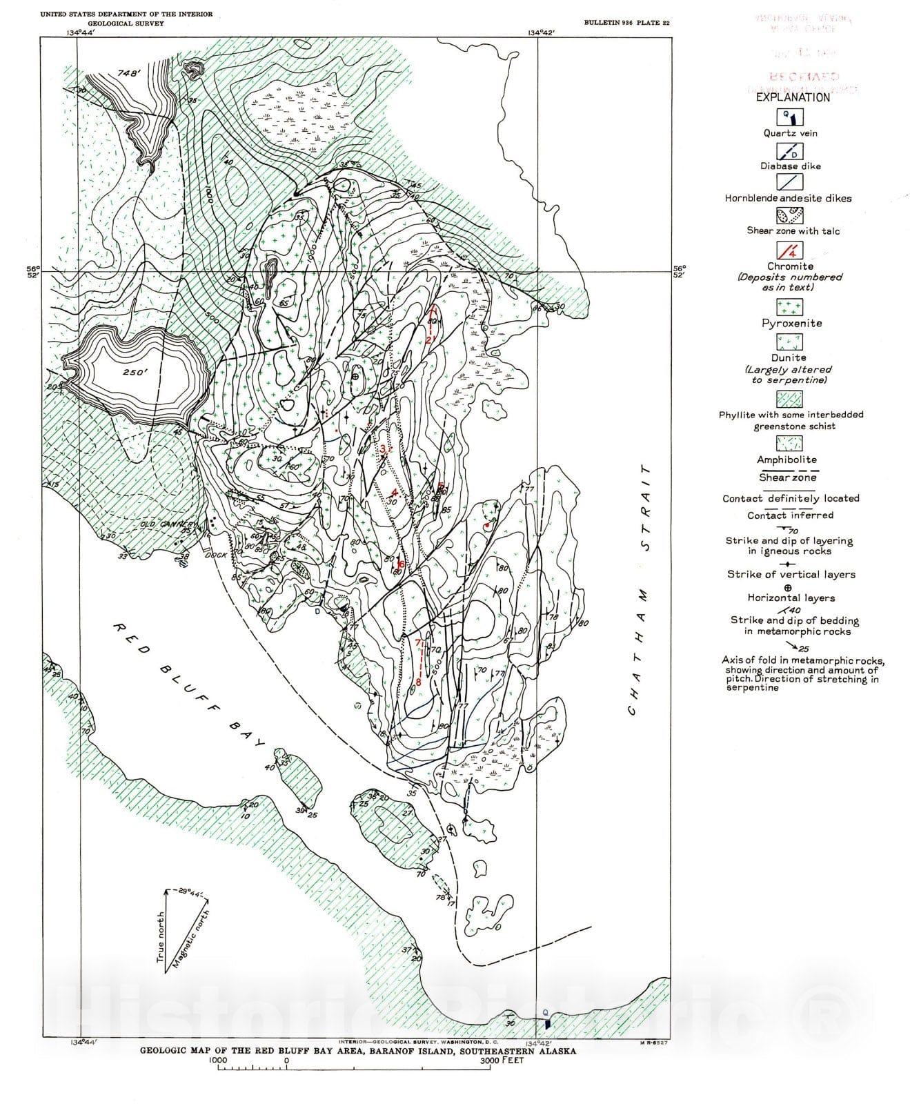 Map : Chromite deposits of Red Bluff Bay and vicinity, Baranof Island, Alaska, 1942 Cartography Wall Art :