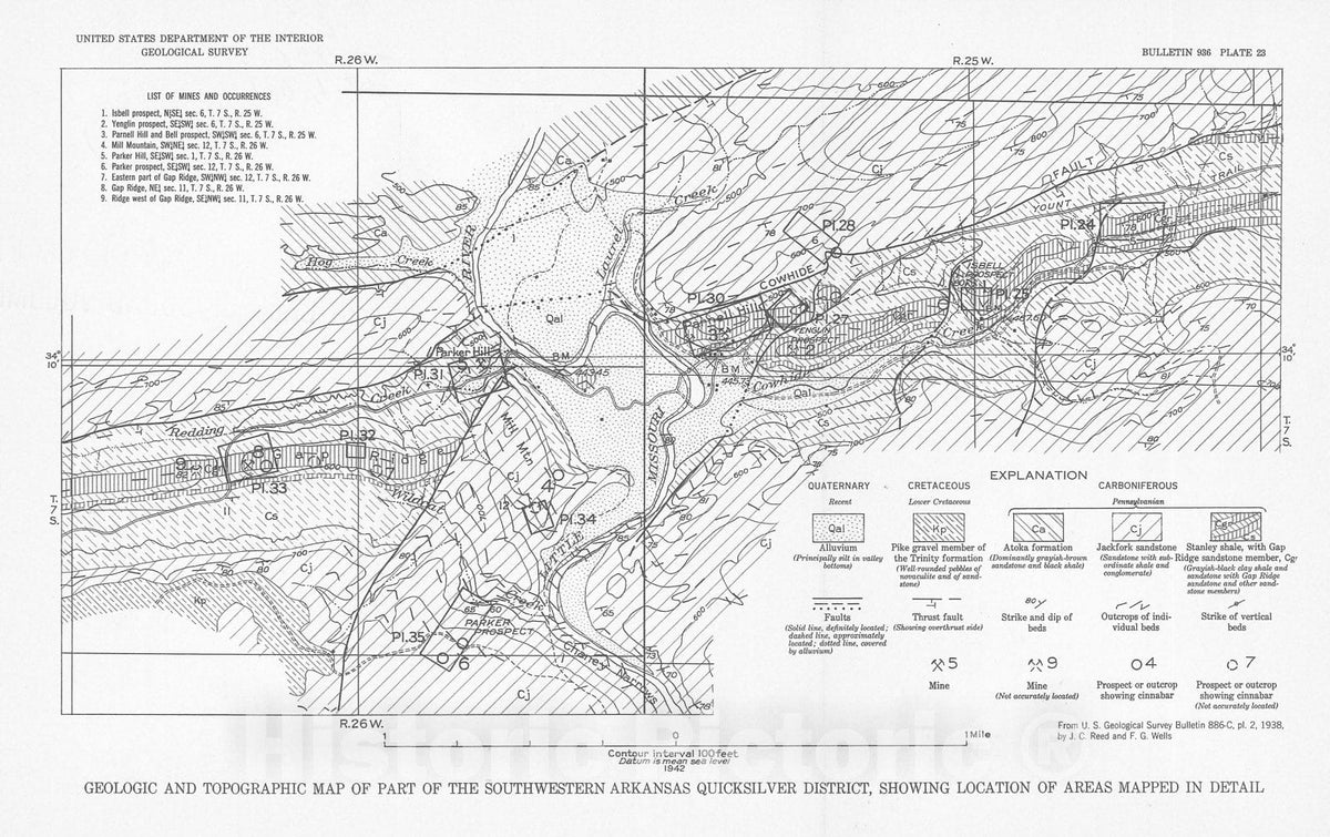 Map : Quicksilver deposits near the Little Missouri River, Pike County, Arkansas, 1942 Cartography Wall Art :