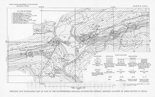Map : Quicksilver deposits near the Little Missouri River, Pike County, Arkansas, 1942 Cartography Wall Art :