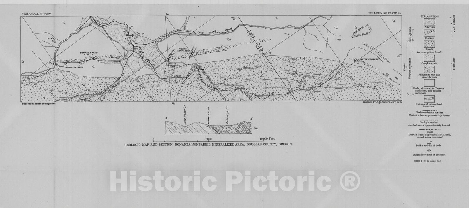 Map : Quicksilver deposits of the Bonanza - Nonpareil district, Douglas County, Oregon, 1951 Cartography Wall Art :