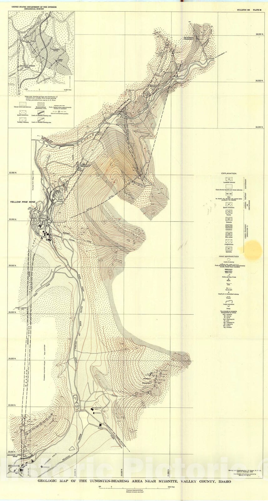 Map : Geology of the tungsten, antimony, and gold deposits near Stibnite, Idaho, 1951 Cartography Wall Art :