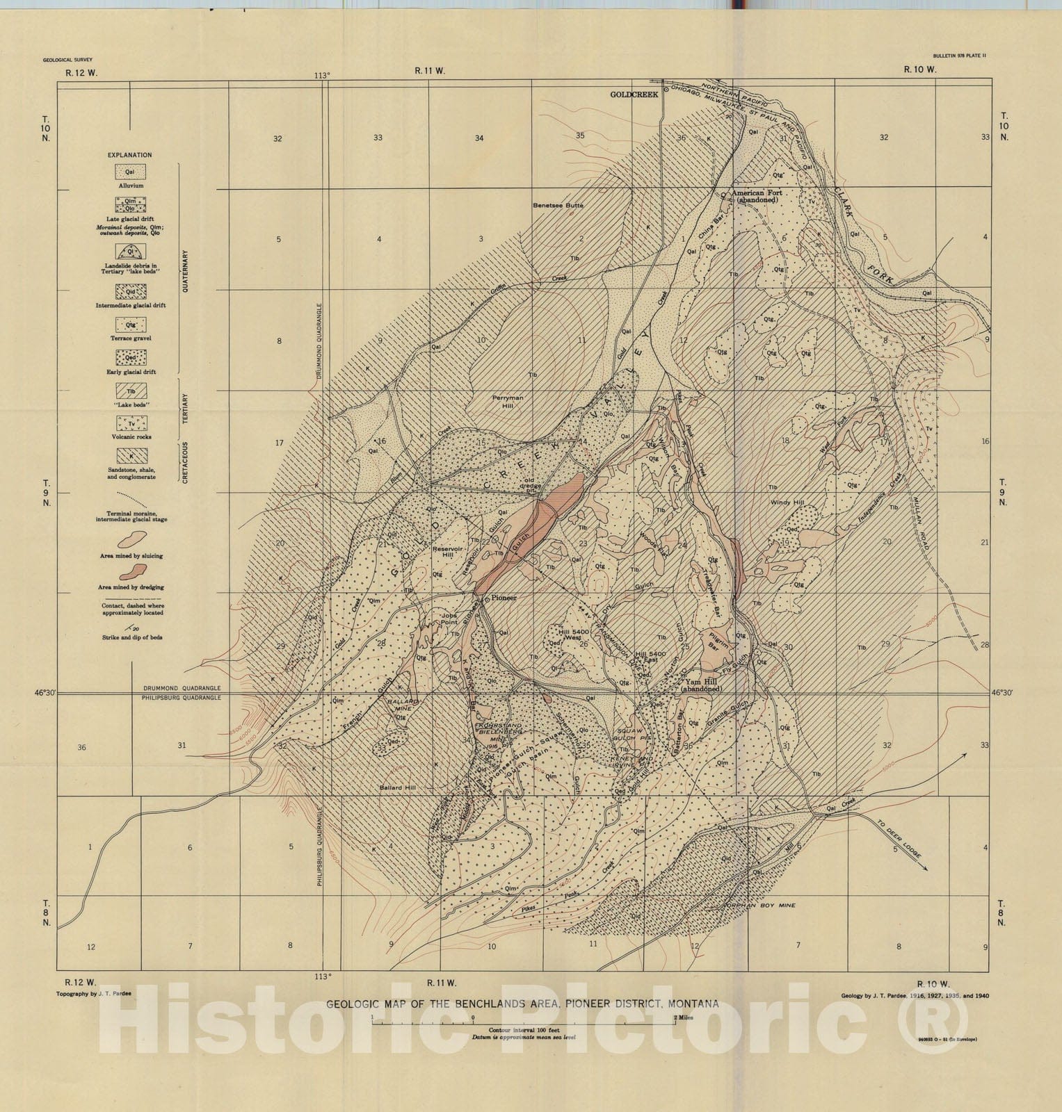 Map : Gold placer deposits of the Pioneer district, Montana, 1951 Cartography Wall Art :