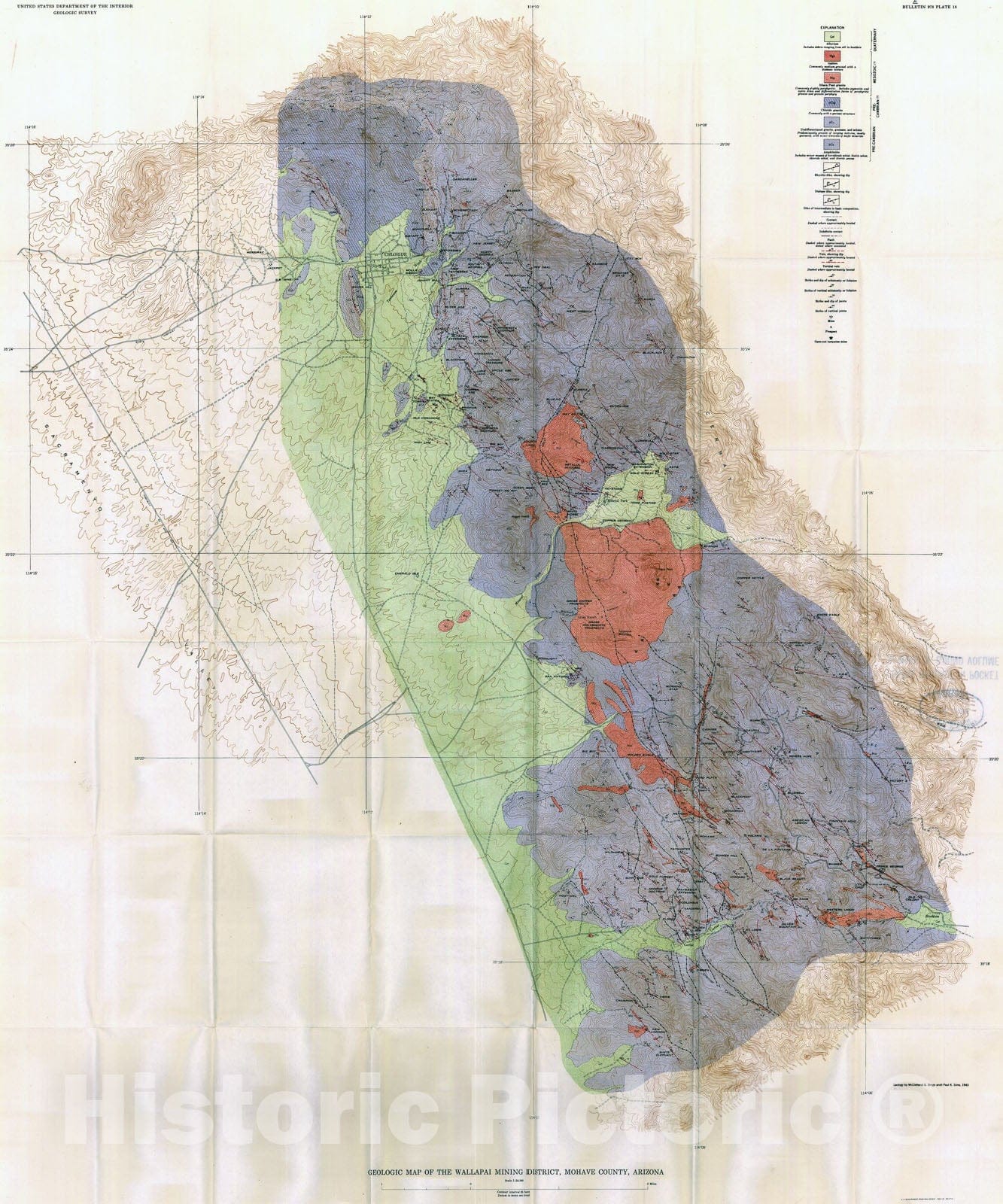 Map : The Wallapai mining district, Cerbat Mountains, Mohave County, Arizona, 1951 Cartography Wall Art :