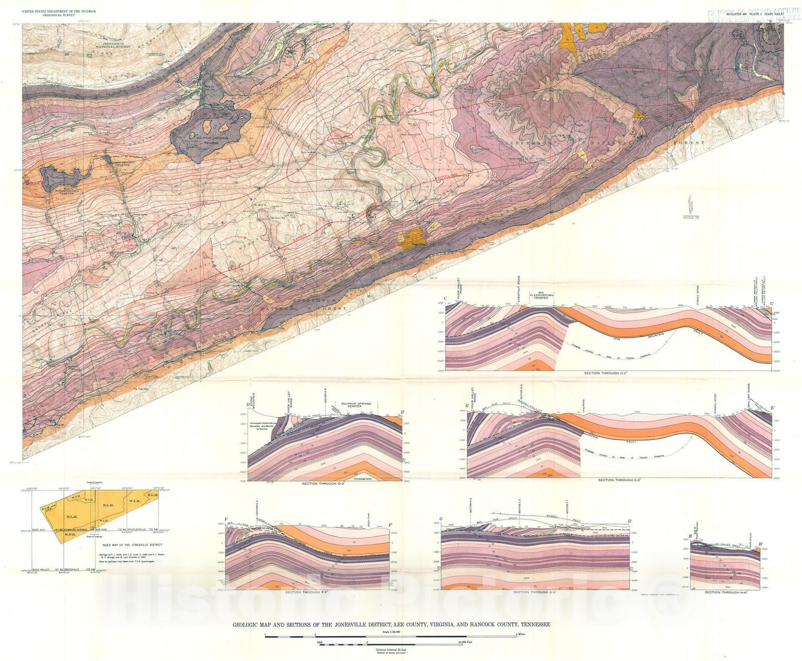 Map : Geology and oil resources of the Jonesville district, Lee County, Virginia, 1954 Cartography Wall Art :