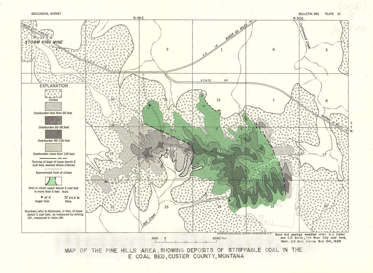 Map : Strippable coal in Custer and Powder River Counties, Montana, 1954 Cartography Wall Art :