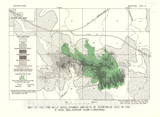 Map : Strippable coal in Custer and Powder River Counties, Montana, 1954 Cartography Wall Art :