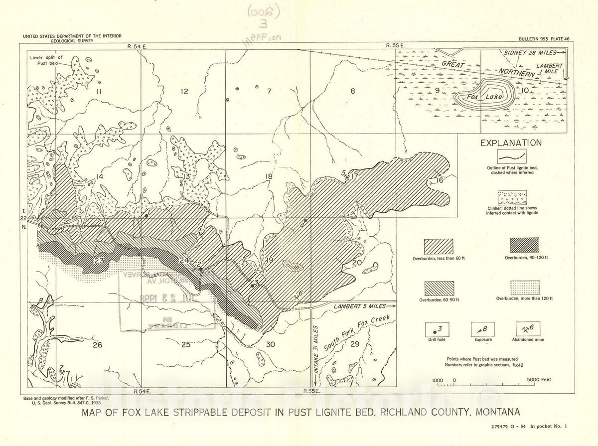 Map : Three deposits of strippable lignite west of the Yellowstone River, Montana, 1954 Cartography Wall Art :