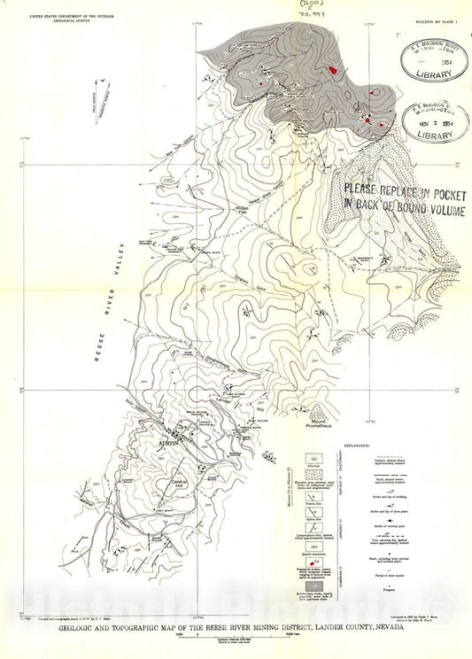 Map : Geology and ore deposits of the Reese River district, Lander County, Nevada, 1953 Cartography Wall Art :