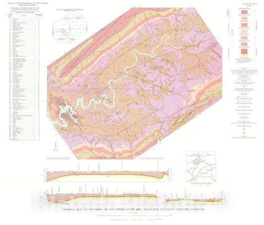 Map : Geology and mineral deposits of the Powell River area, Claiborne and Union Counties, Tennessee, 1966 Cartography Wall Art :